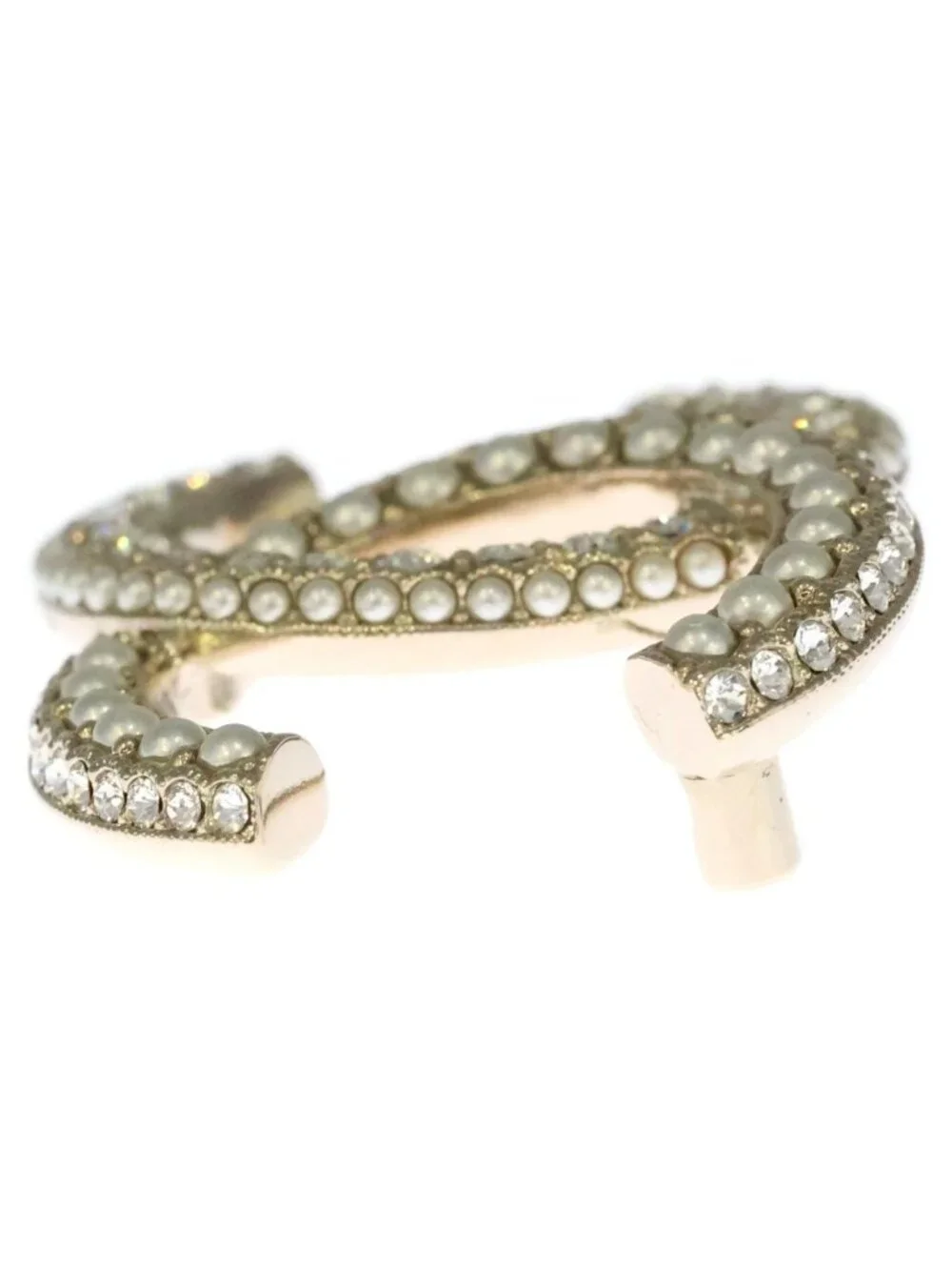 Chanel CC Logo Rhinestone Pearl Pin Badge Brooch Gold